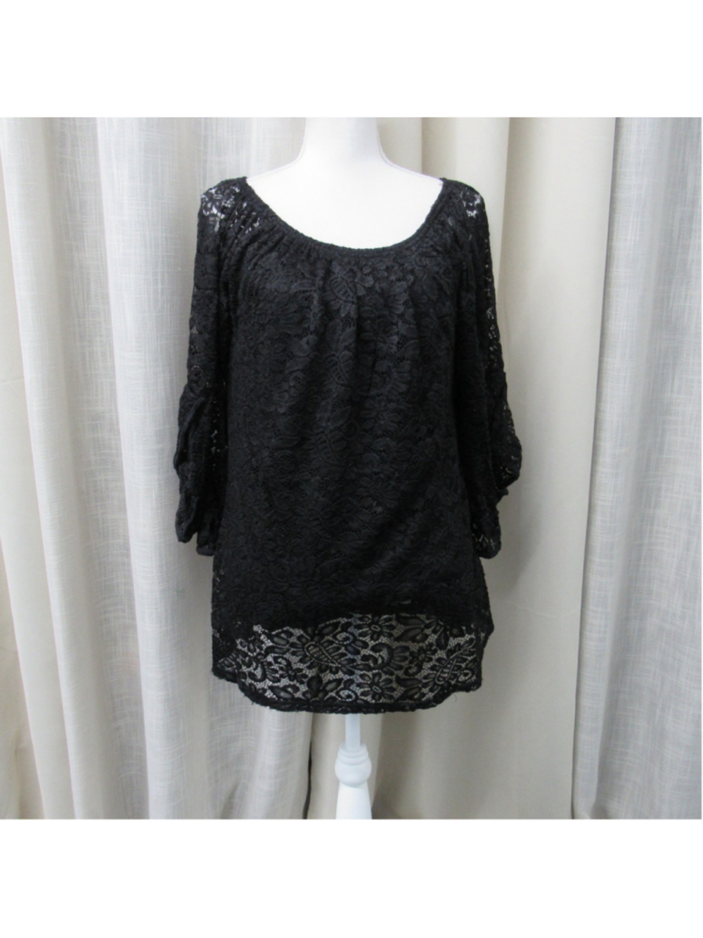 Lildy Full Lace Tunic Blouse Black Off Shoulder Flared Ruffle Sleeve Size L-XL